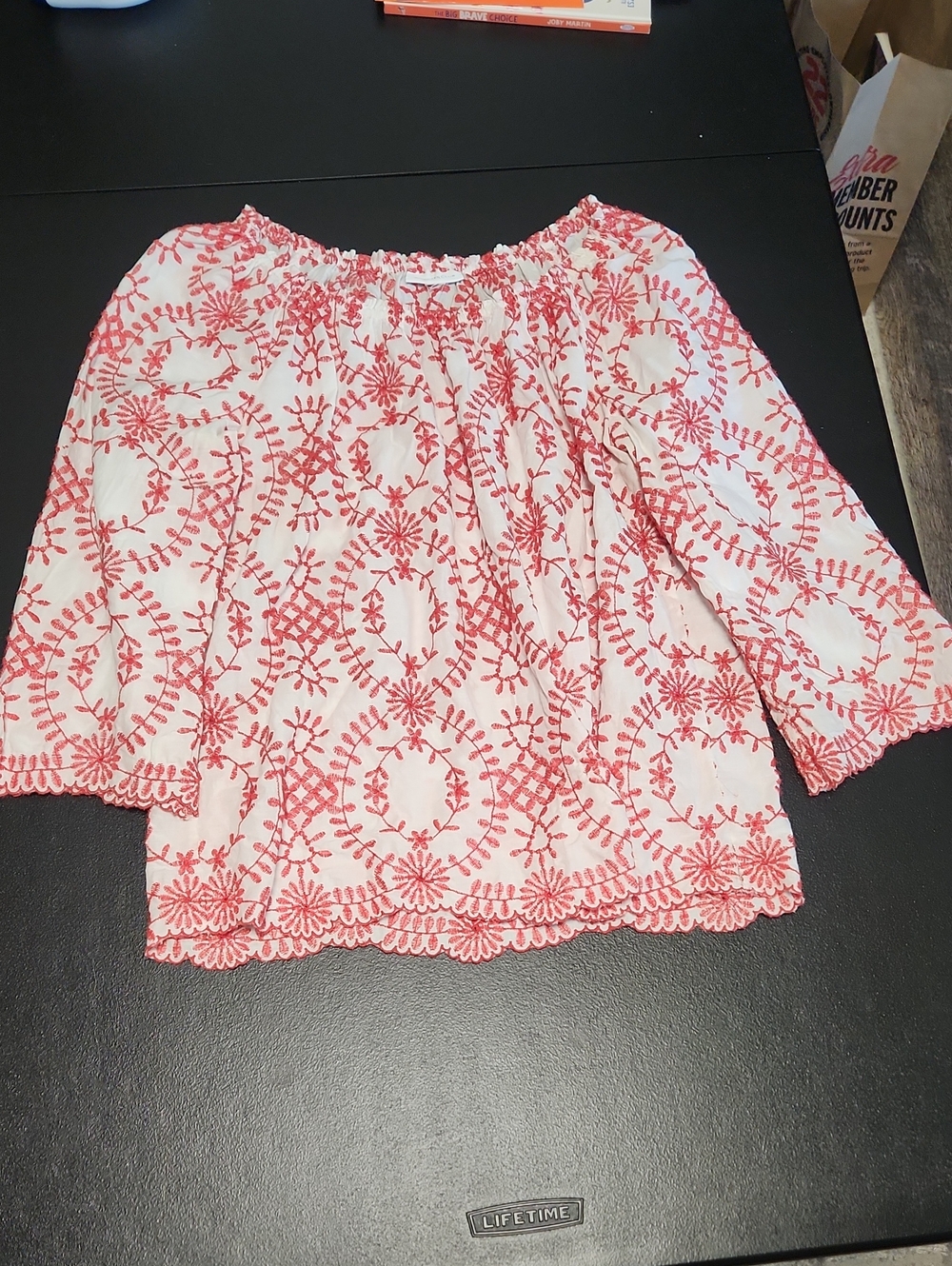 Charter Club White Blouse with Coral Embroidery
